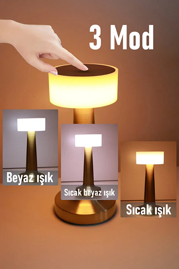 Gold Renk Şarjlı LED Masa Lambası Type-C Girişli Dokunmatik 3 Işık Modlu Gece Aydınlatması